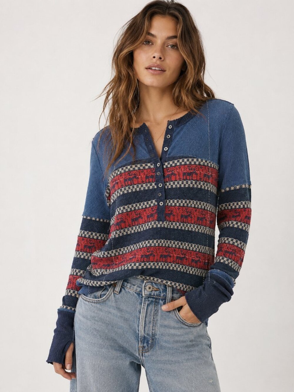 Free People We The Free SZ L To The Woods Thermal Sweater In Boy Combo $128
